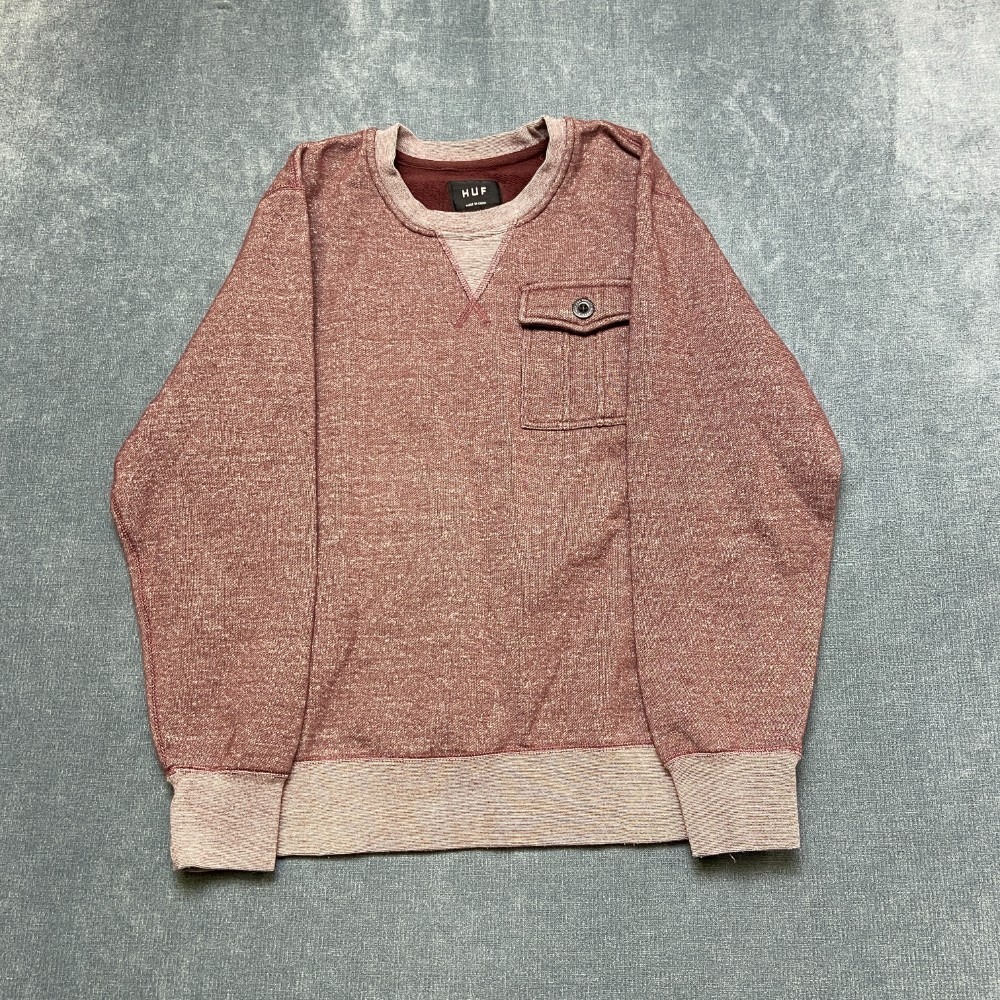 HUF Sweatshirt Mens Small Muted Coral Fleece Lined Chest Pocket Winter Warm